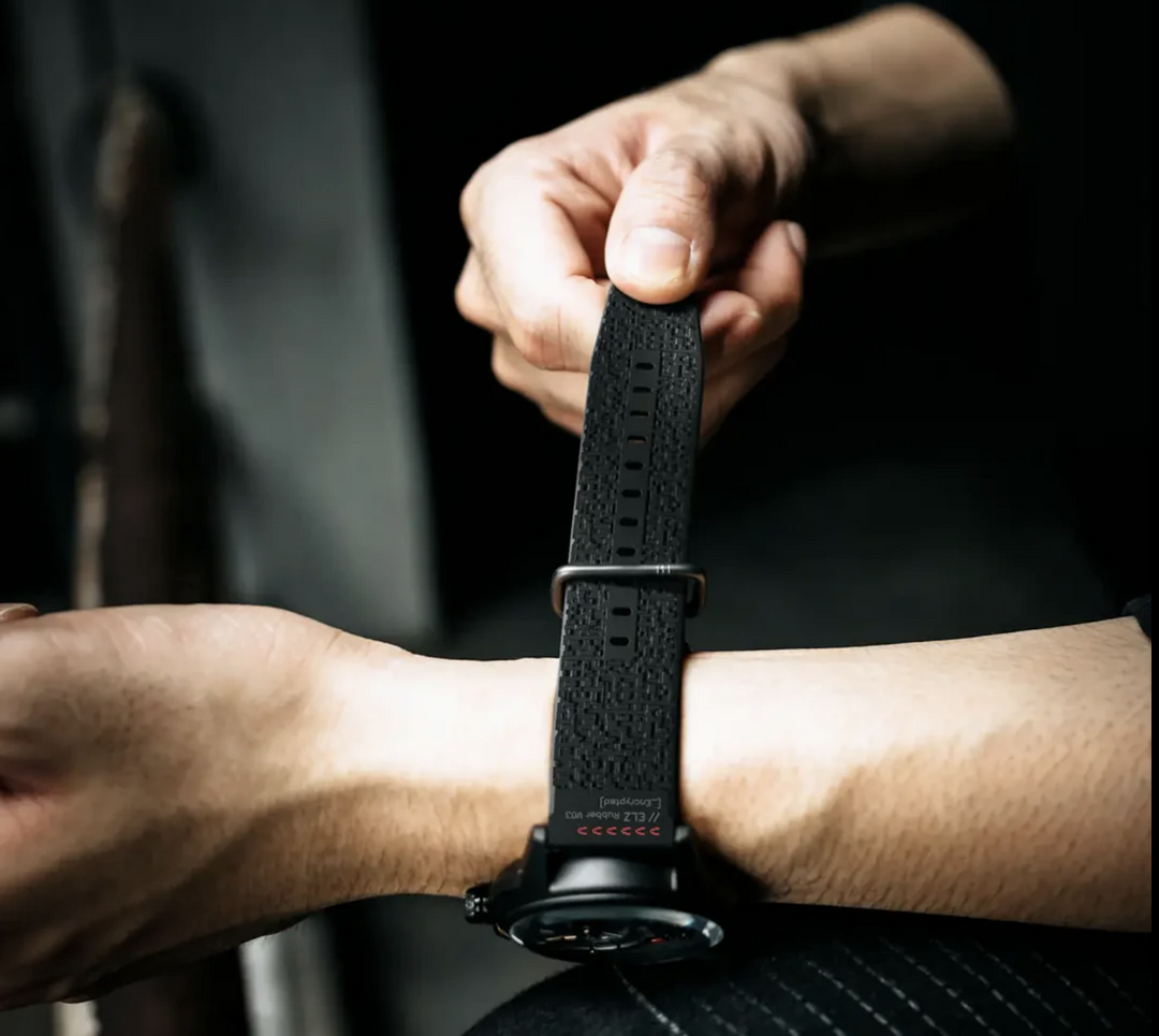 22mm black rubber strap - Red Printing