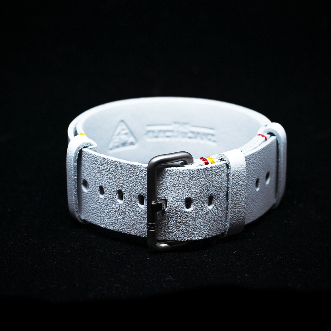 White Embroided NATO Strap (Leather)  with Yellow-red Stitching // Silver buckle