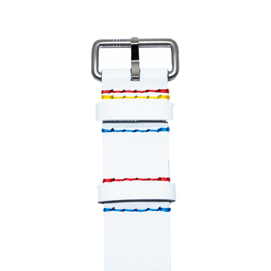 White Embroided NATO Strap (Leather)  with Yellow-red Stitching // Silver buckle