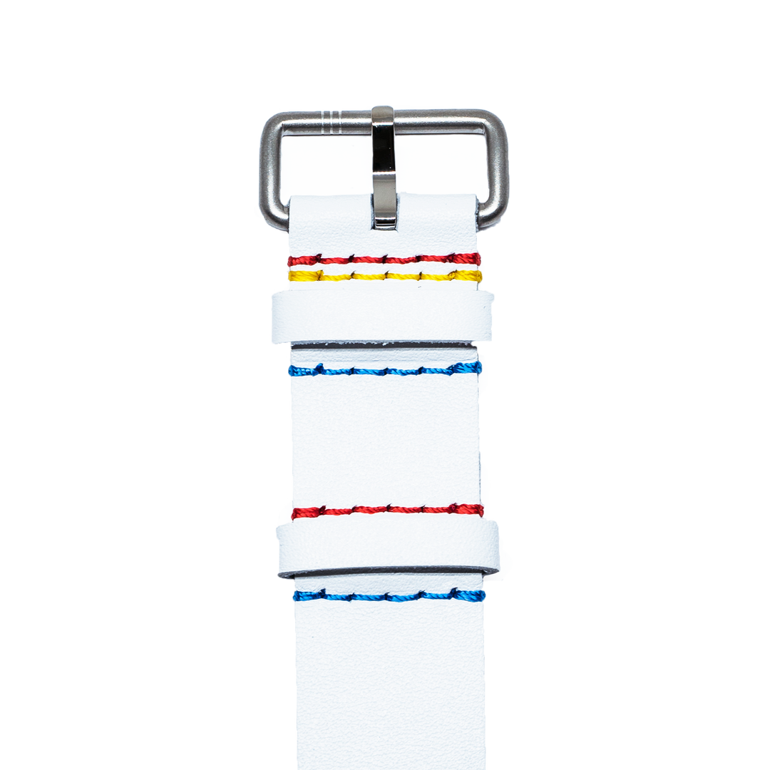 White Embroided Leather Strap with Yellow-red Stitching // Silver buckle