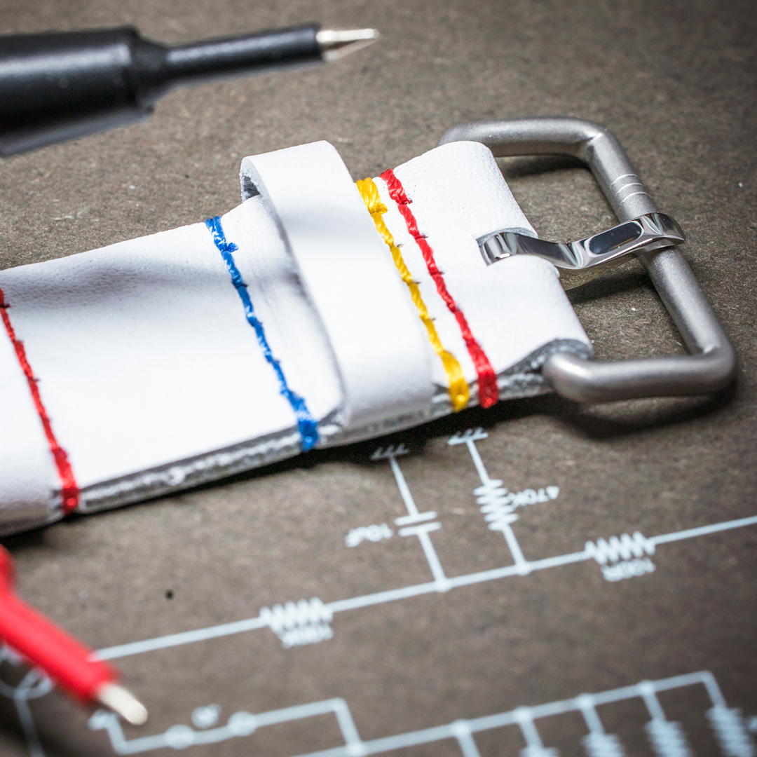 White Embroided Leather Strap with Yellow-red Stitching // Silver buckle
